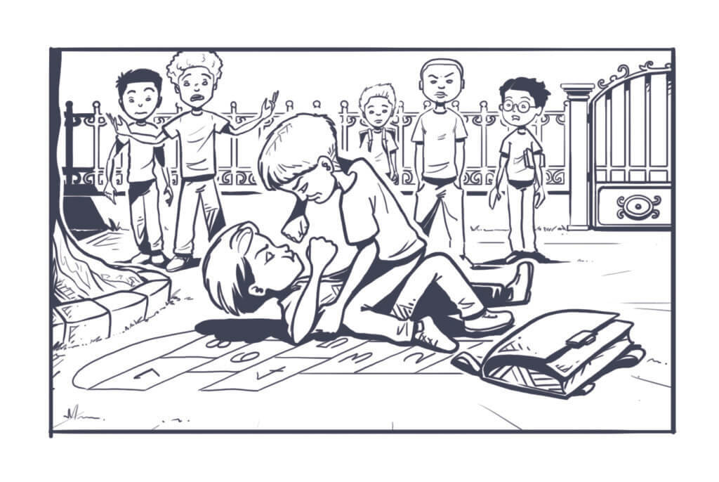 Grafik aus dem Spiel Der rote Faden – Im Schatten des Tigers, Kampf auf dem Schulhof