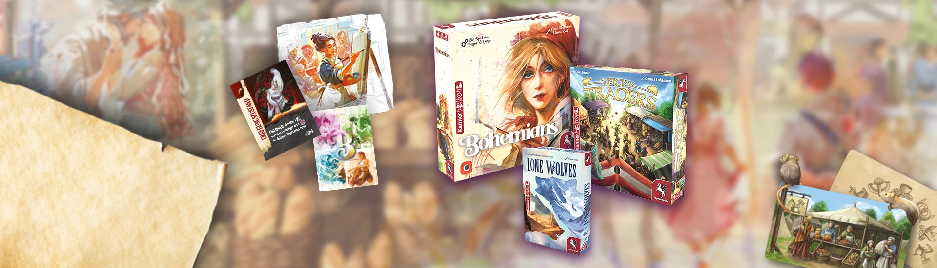 Produktbilder und Illustrationen der Brettspiele Tricky Traders, Lone Wolves und Bohemians