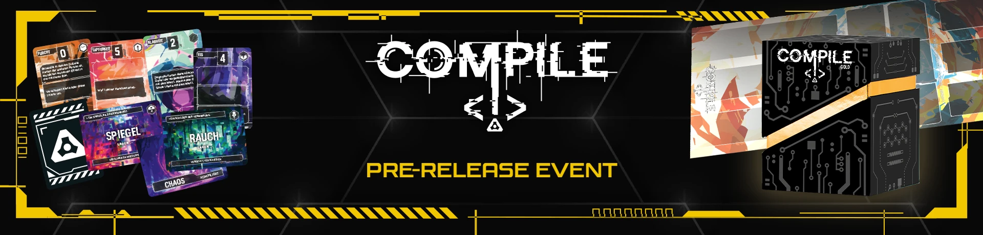 Compile Pre-Release Event; Karten und Produktschachtel des Spiels Compile Gold