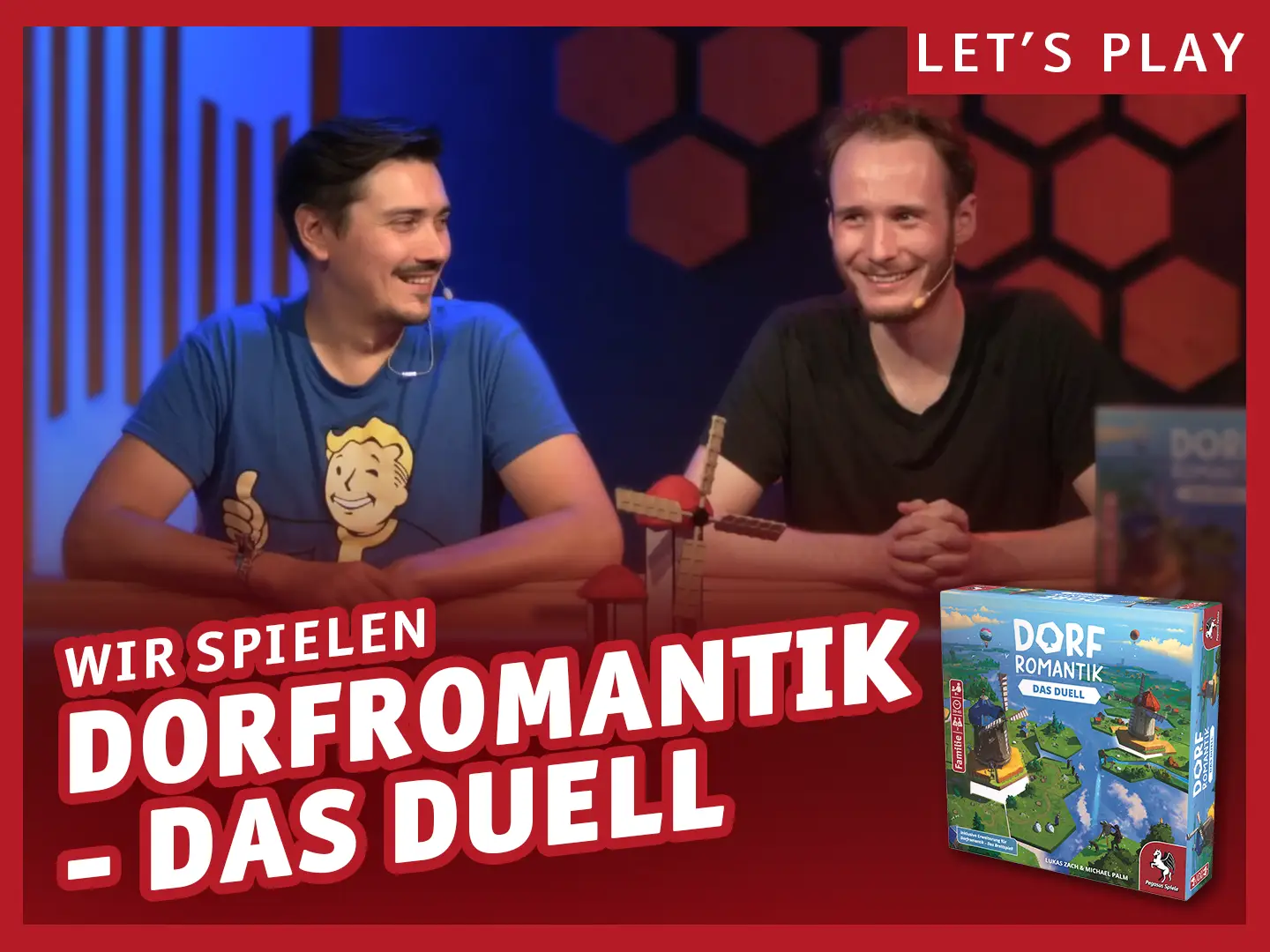 Wir spielen Dorfromantik - Das Duell; Zwei Männer sitzen an einem Tisch und spielen das Brettspiel Dorfromantik - Das Duell