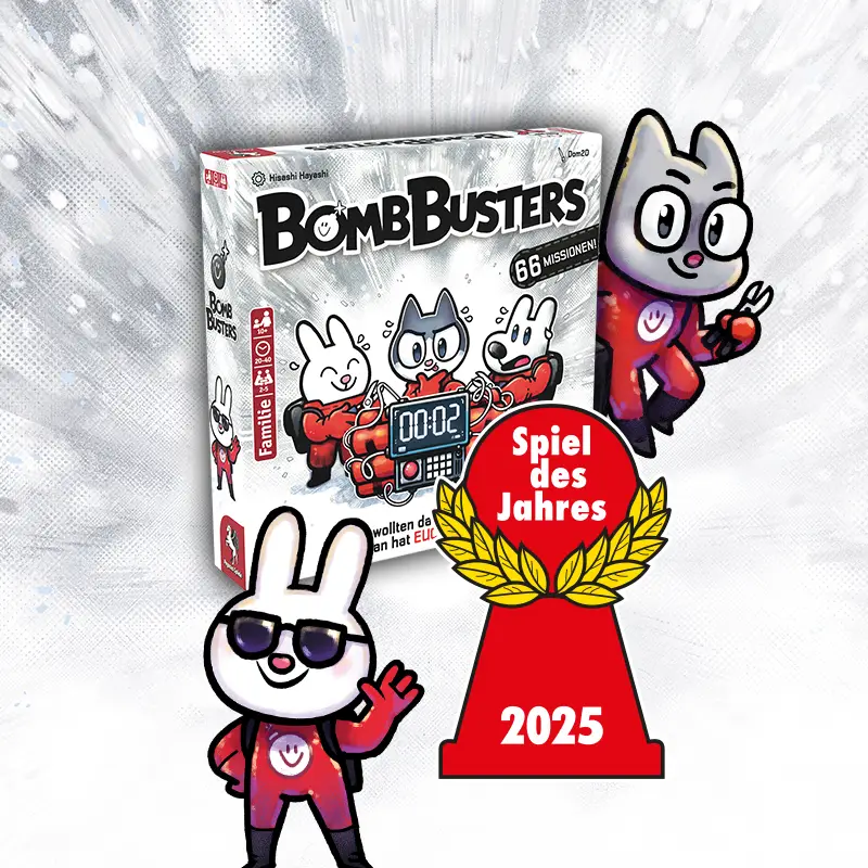 Bomb Busters Brettspiel Produktbild und Illustrationen mit Spiel des Jahres 20205 Logo