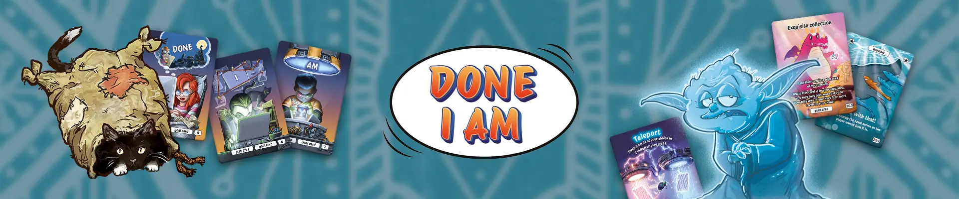 Illustrationen und Karten des Kartenspiels FERTIG ICH HABE