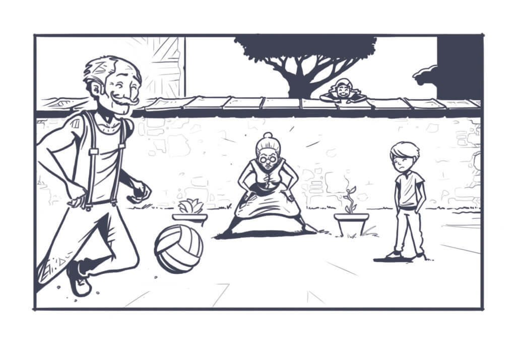 Grafik aus dem Spiel Der rote Faden – Im Schatten des Tigers, Fußball mit den Großeltern