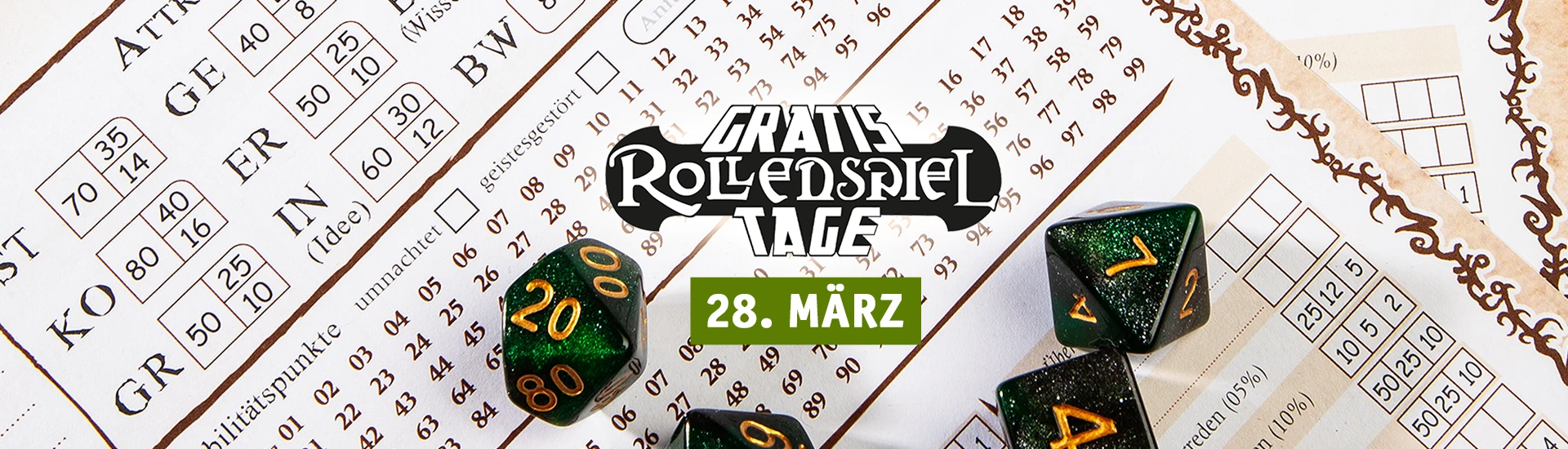 Gratisrollenspieltag am 28. März; Cthulhu Rollenspielbogen und Würfel