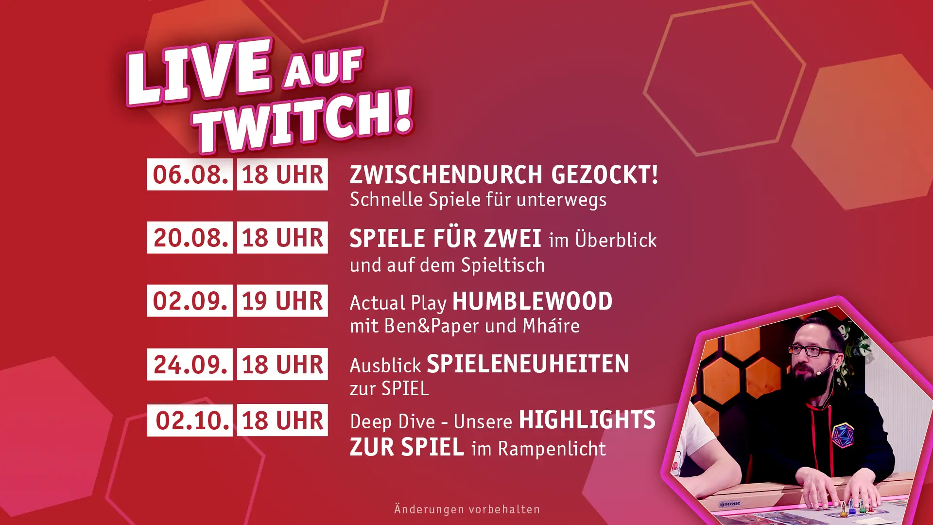 Twitch Livestream Sendeplan für August und September 2025 von Pegasus Spiele