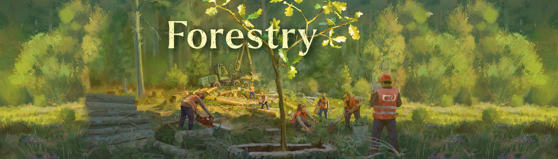 Illustration zum Thema Forstwirtschaft mit Arbeitern, Bäumen und Forstmaschinen im Hintergrund