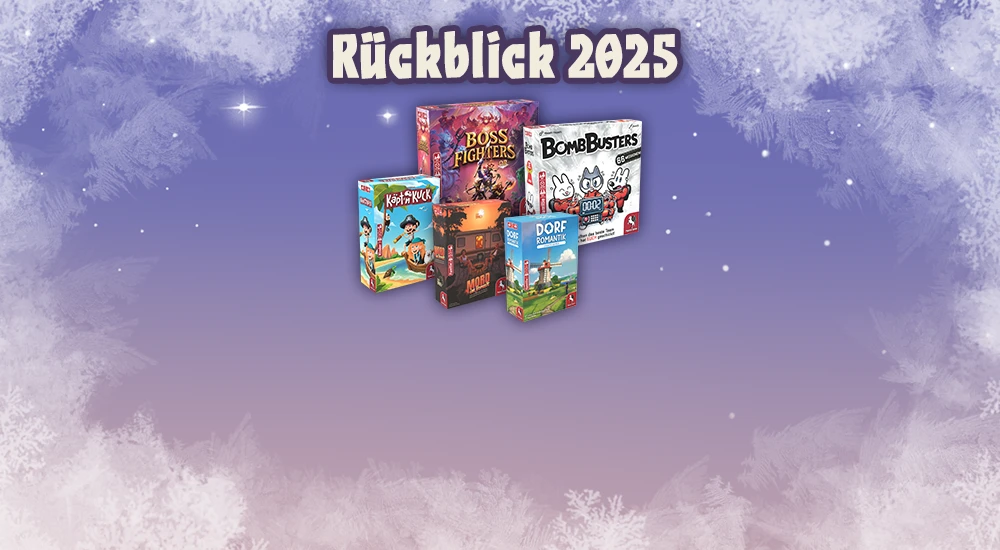 Produktbilder der Brettspiele Boss Fighters QR, Bomb Busters, Käpt'n Kuck, Dorfromantik - Leichtes Gepäck und Deadly Dinner - Mord im Vorzelt