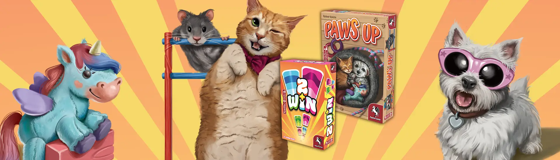 Produktbilder der Brettspiele 2 Win und Paws Up mit Spielillustrationen