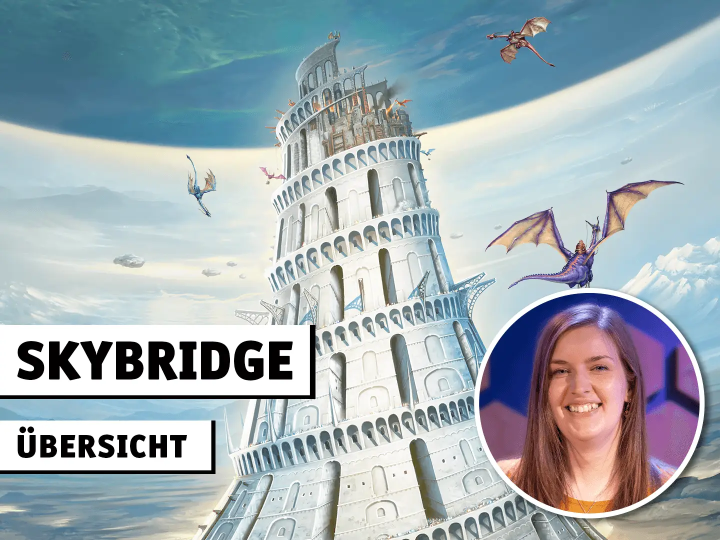 Skybridge Übersicht; Illustration des Brettspiels Skybridge und Foto einer Frau