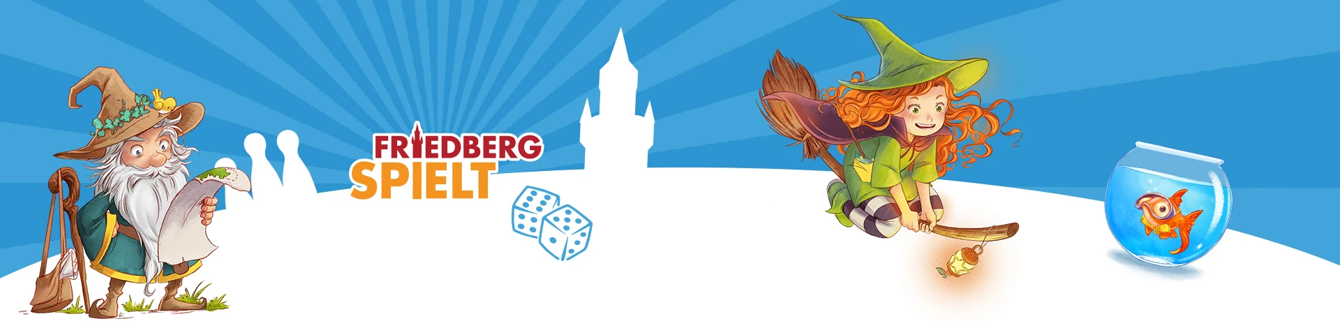 Friedberg spielt; blauer Hintergrund mit der Illustration einer Hexe auf einem Besen und eines Zauberers