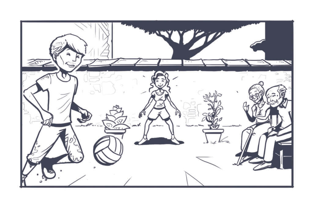 Grafik aus dem Spiel Der rote Faden – Im Schatten des Tigers, Fußball mit einer jungen Frau