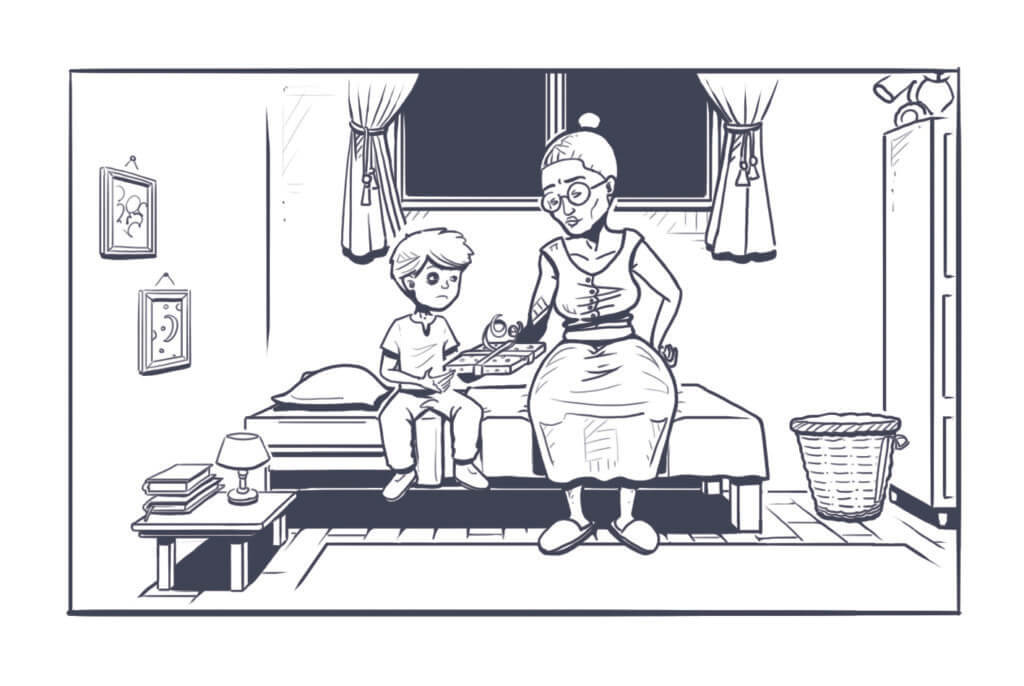 Grafik aus dem Spiel Der rote Faden – Im Schatten des Tigers, mit Oma im Kinderzimmer