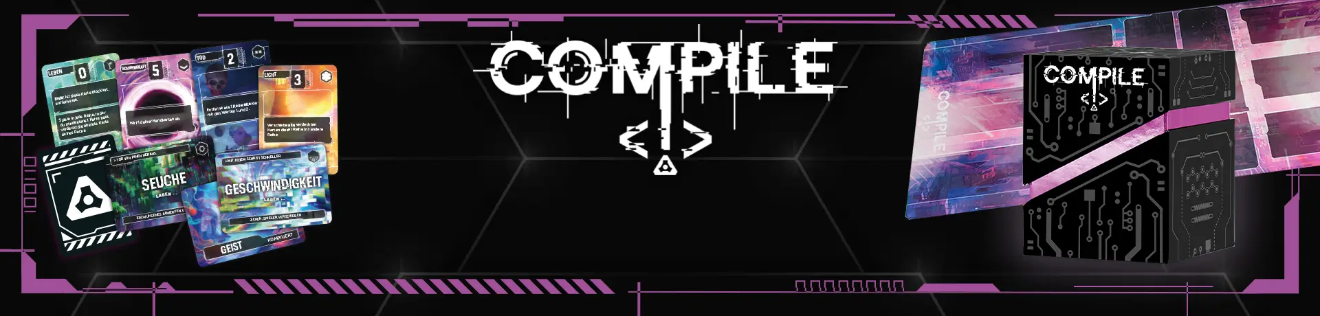Illustrationen und Produktbild des Kartenspiels Compile