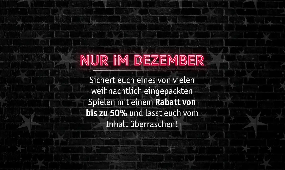 Rabattaktion im Pegasus Spiele Outlet-Store im Dezember: Weihnachtlich verpackte Spiele mit einem Rabatt von bis zu 50%.