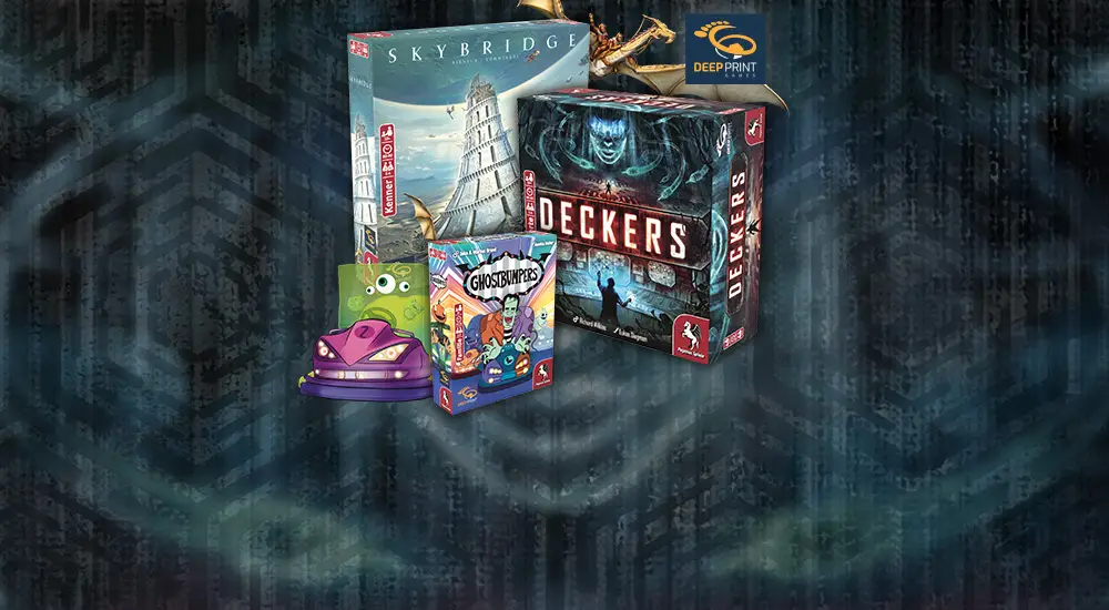Produktbilder und Illustrationen der Brettspiele Deckers, Skybridge und Ghostbumpers