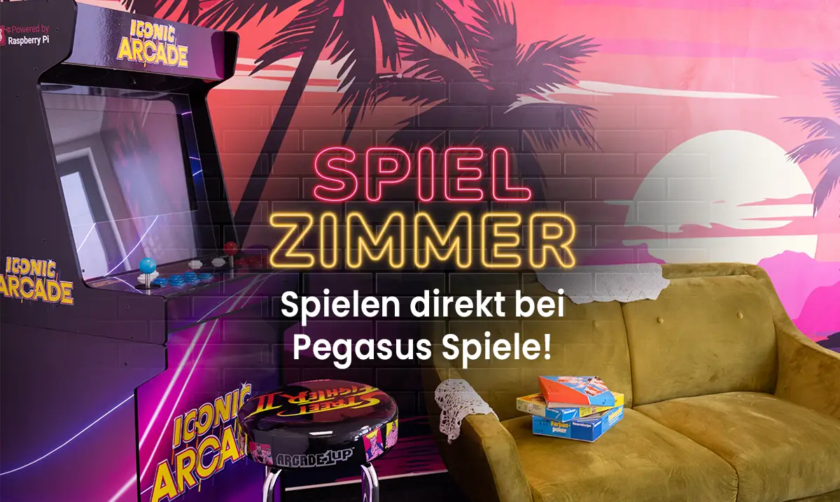 Spielzimmer Spielen direkt bei Pegasus Spiele; Foto des Spielzimmers mit Sofa, Spielen und Iconic Arcade Spielautomat