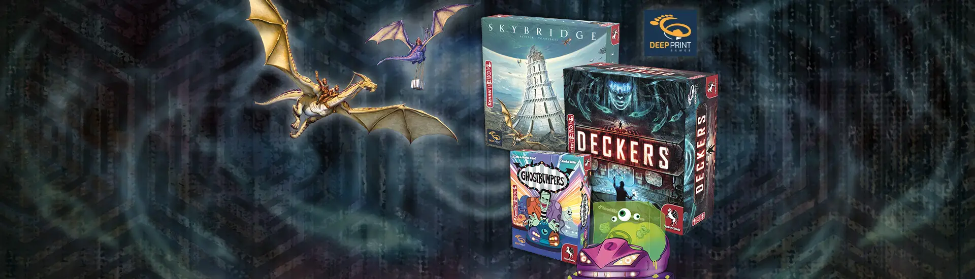 Produktbilder und Illustrationen der Brettspiele Deckers, Skybridge und Ghostbumpers