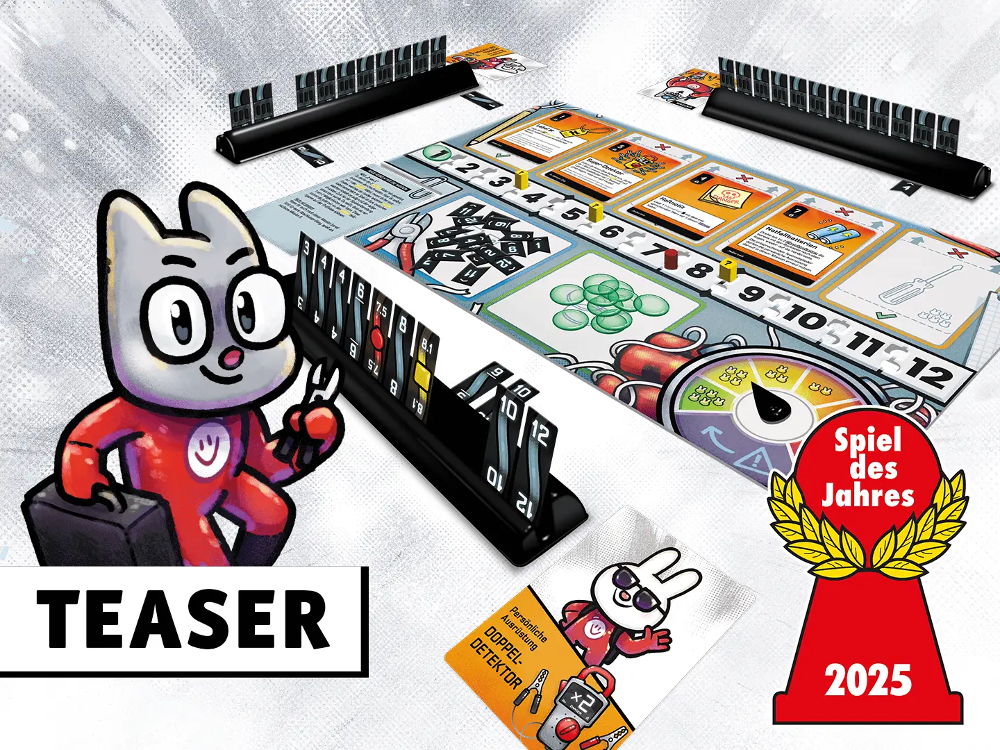 Teaser; Foto des Brettspiels Bomb Busters; Logo Spiel des Jahres 2025