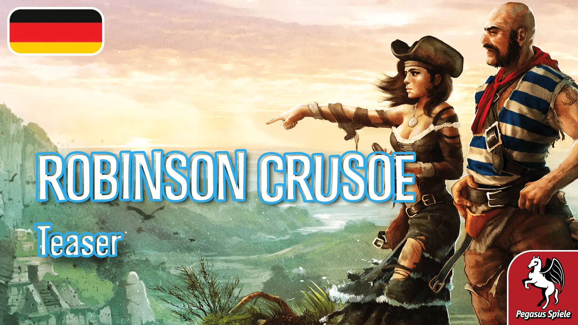 Robinson Crusoe Teaser; Illustration des Brettspiel Robinson Crusoe; Deutschlandflagge