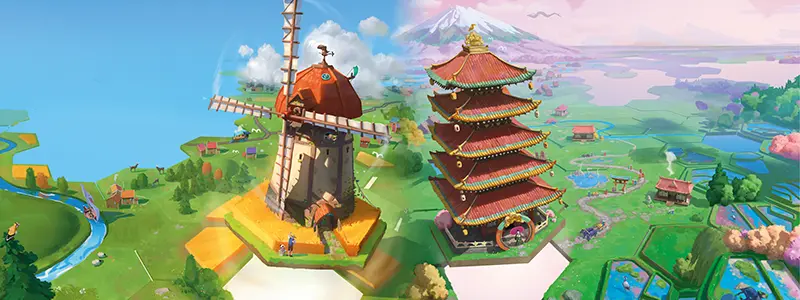 Die Dorfromantik-Welt im Überblick Grafken aus den Brettspielen Dorfromantik - Das Brettspiel und Dorfromantik - Sakura
