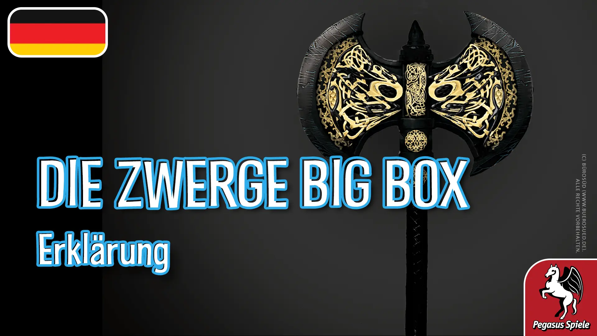 Die Zwerge Big Box Erklärung; Illustration des Brettspiel Die Zwerge Big Box; Deutschlandflagge