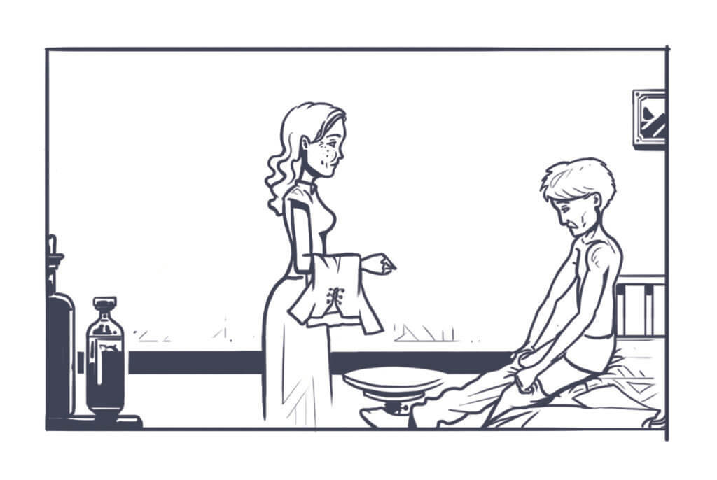 Grafik aus dem Spiel Der rote Faden – Im Schatten des Tigers, Auf dem Weg nach Hause nach dem Krankenhaus