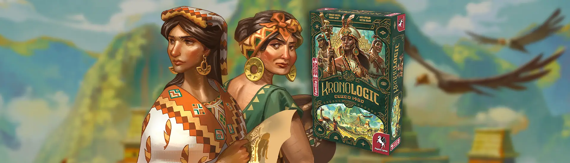 Produktbild und Illustrationen des Brettspiels Kronologic - Cuzco 1450