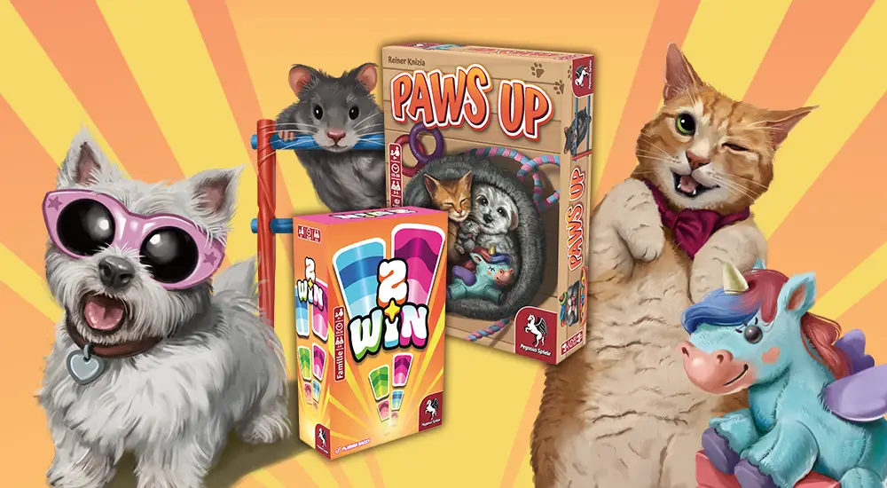 Produktbilder der Brettspiele 2 Win und Paws Up mit Spielillustrationen