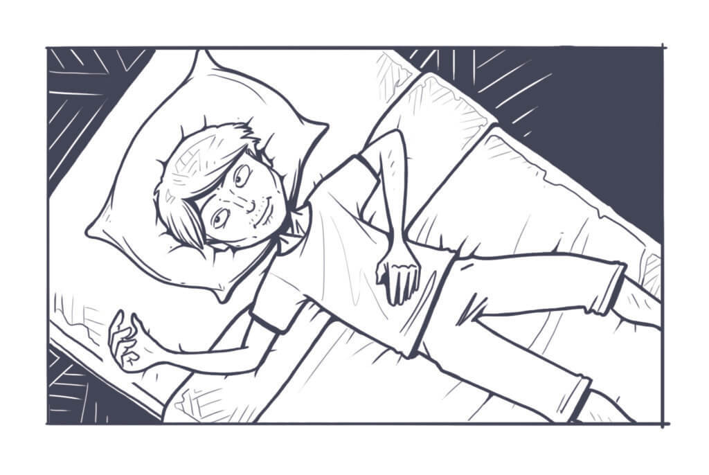 Grafik aus dem Spiel Der rote Faden – Im Schatten des Tigers, glücklich auf dem Bett