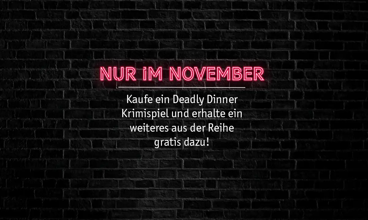 Rabattaktion im Pegasus Spiele Outlet-Store im November: 2 Deadly Dinner Teile kaufen, nur einen bezahlen
