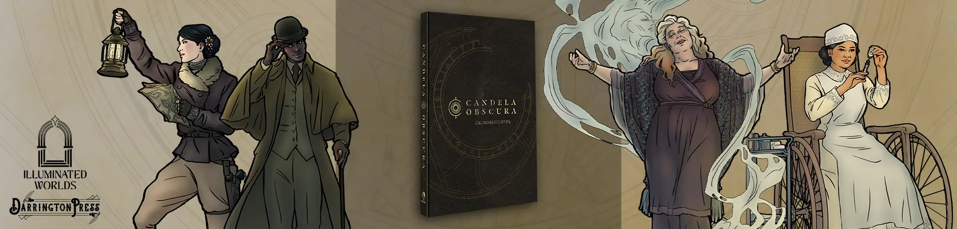 Candela Obscura Rollenspiel Produktbild und Illustrationen