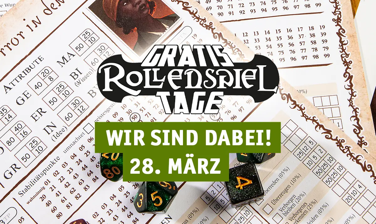 Gratisrollenspieltag am 28. März; Cthulhu Rollenspielbogen und Würfel