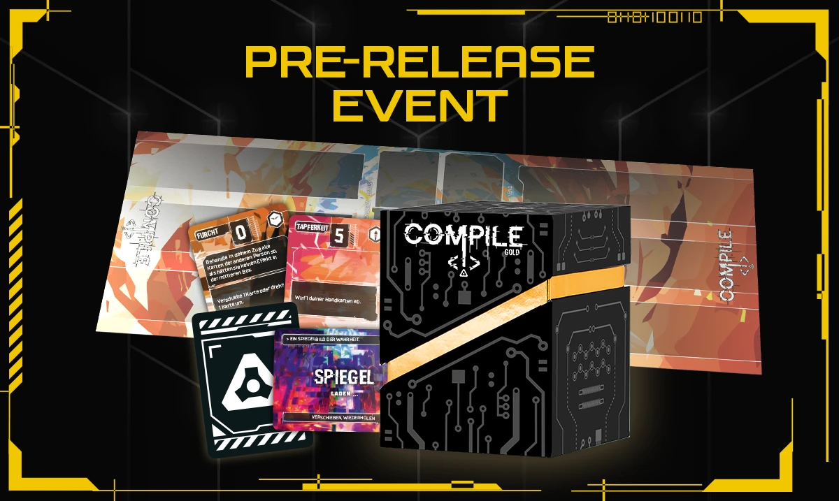Compile Pre-Release Event; Karten und Produktschachtel des Spiels Compile Gold