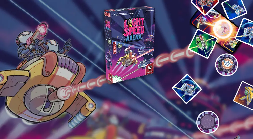 Produktbild und Illustrationen des Brettspiels Light Speed Arena