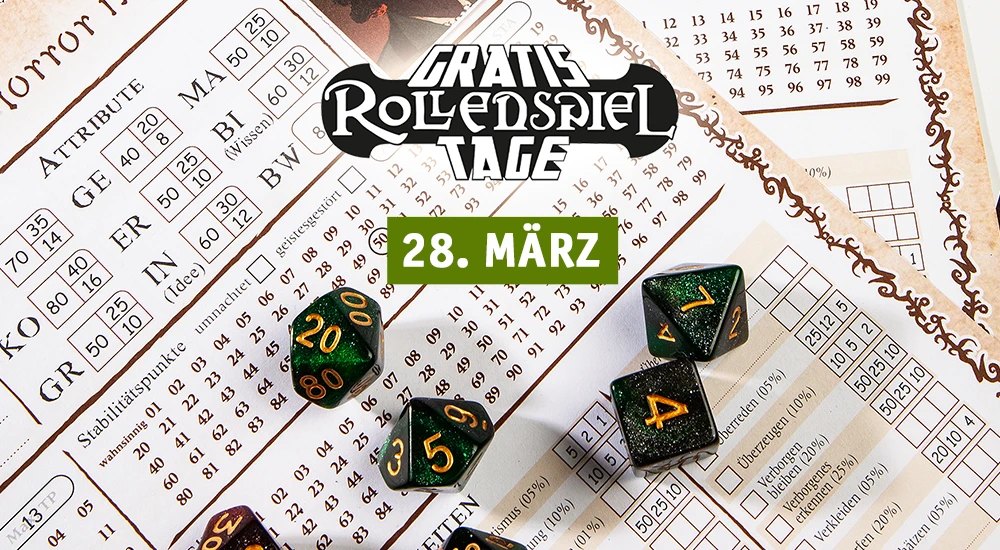 Gratisrollenspieltag am 28. März; Cthulhu Rollenspielbogen und Würfel