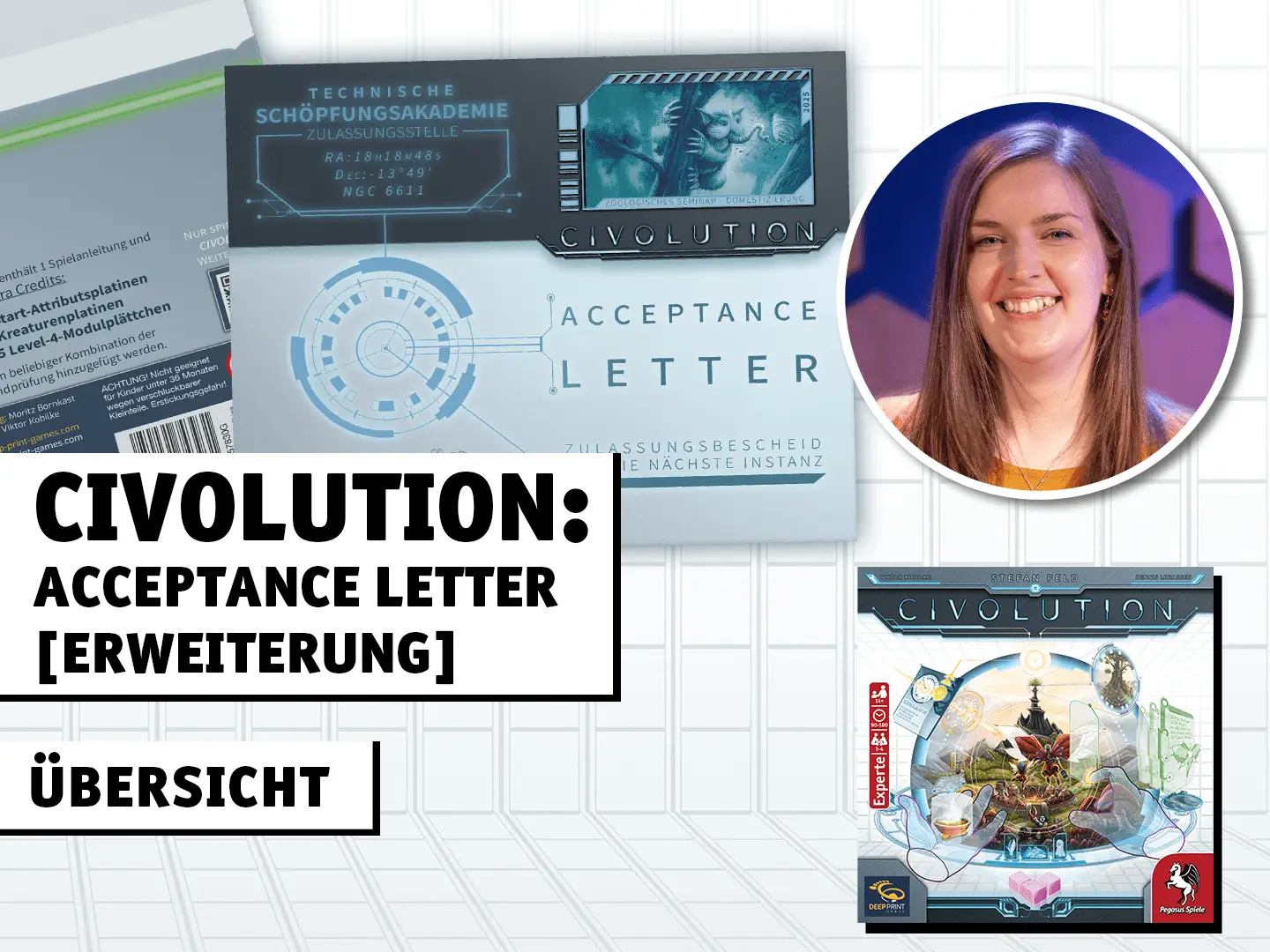 Civolution: Acceptance Letter Erweiterung Übersicht; Illustration des Brettspiels Civolution: Acceptance Letter und Foto einer Frau