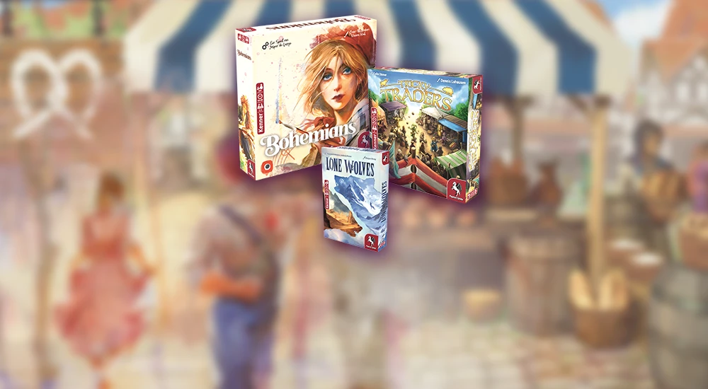 Produktbilder und Illustrationen der Brettspiele Tricky Traders, Lone Wolves und Bohemians