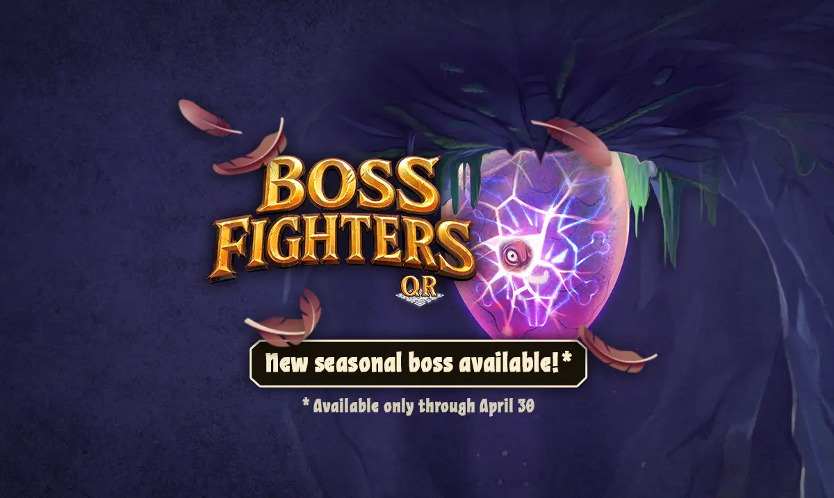 Boss Fighters QR Logo and Illustration of an egg; New seasonal boss available
