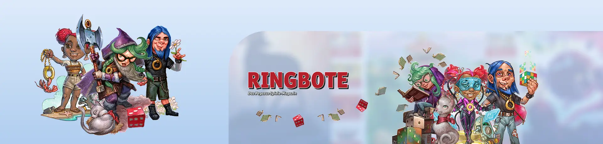 Maskottchen des Pegasus Spiele Magazins Ringbote auf hellblauem Hintergrund