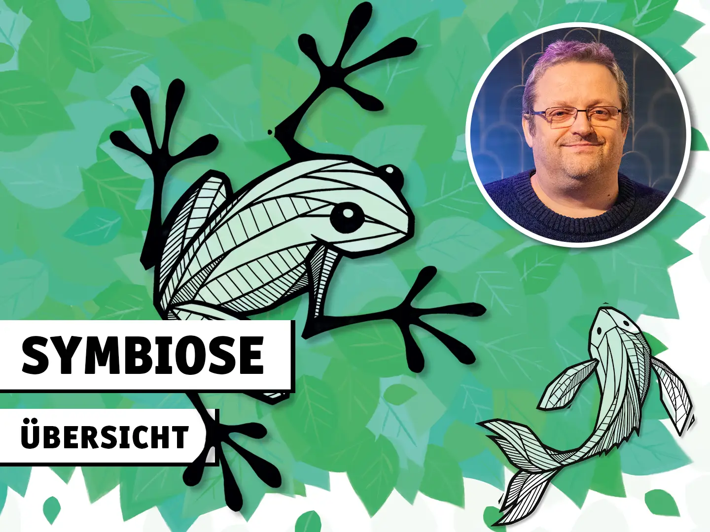 Symbiose Übersicht; Illustrationen des Kartenspiels Symbiose und Foto eines Mannes