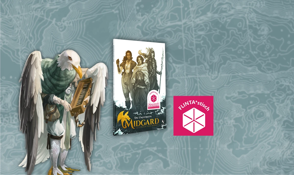 Midgard - Legenden von Damatu: Die Umst&uuml;rmten Produktbild und FLINTA*stisch Logo