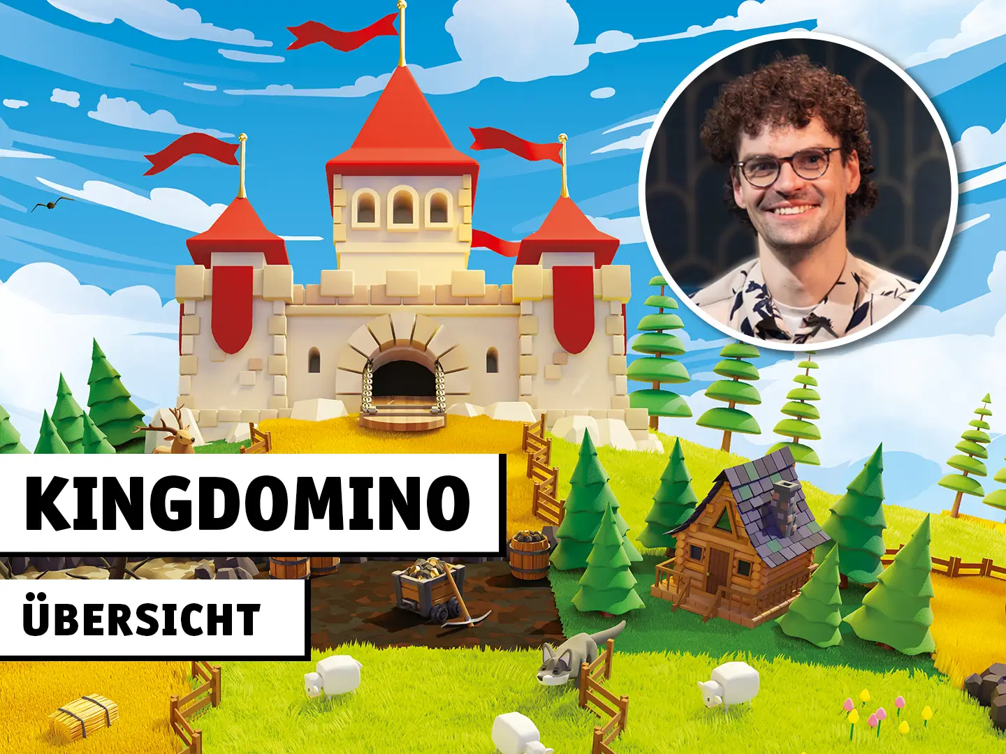 Kingdomino Übersicht; Illustration des Brettspiels Kingdomino Neuausgabe und Foto eines Mannes