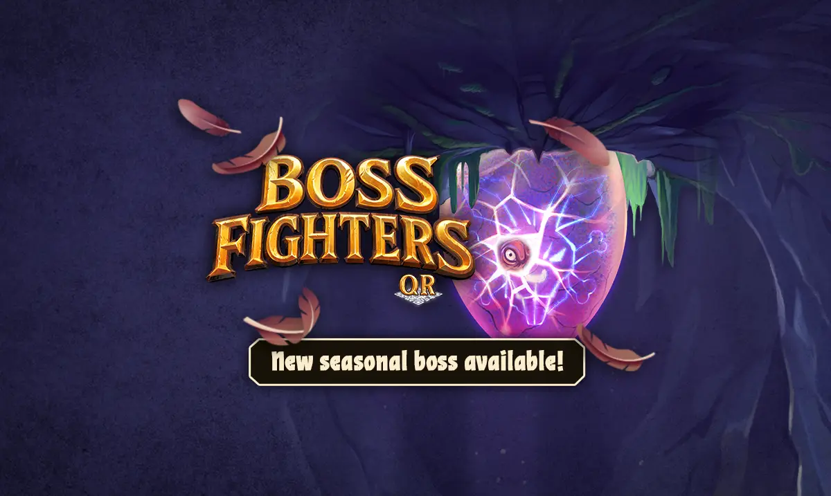 Boss Fighters QR Logo and Illustration of an egg; New seasonal boss available