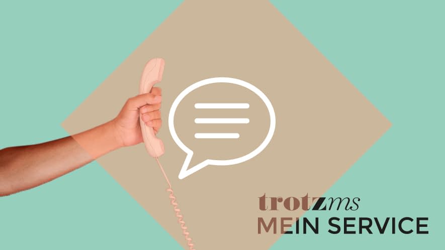 Hand mit Telefonhörer und Schriftzug