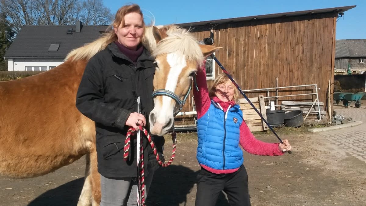 MS-Betroffene Sandra mit Pferd und Walking Stock MS-Betroffene Sandra mit Pferd und Walking Stock