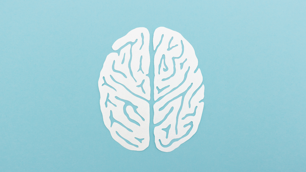 Stilisierte Darstellung eines weißen Gehirns auf hellblauem Untergrund