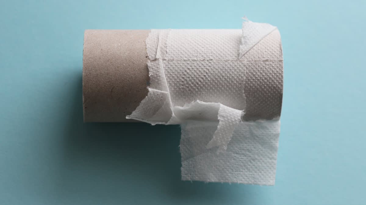 Klopapierrolle leer vor blauem Hintergrund