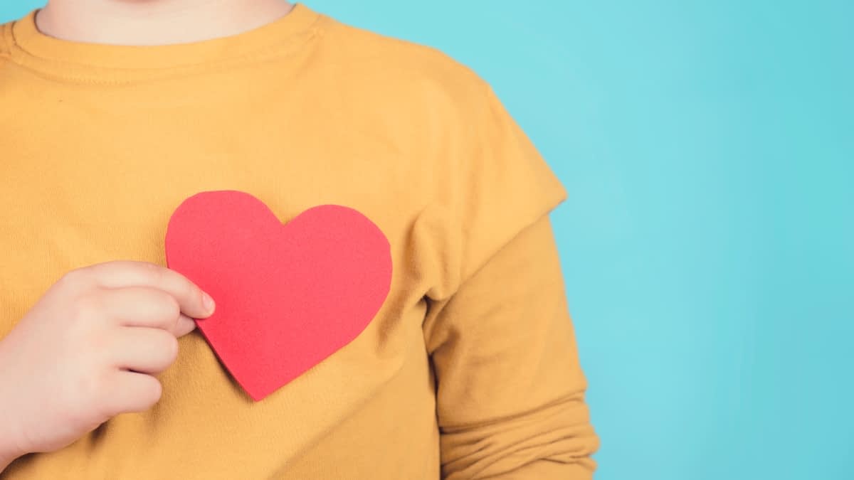 rotes Papierherz vor gelbem Pulli