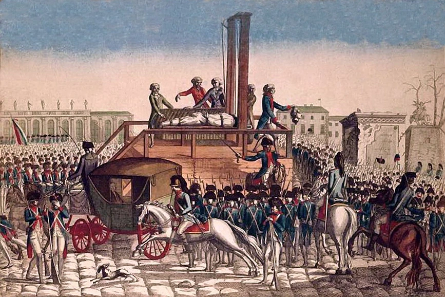 The Bourbons, colour illustration of the Guillotine and Louis XVI, Vaia