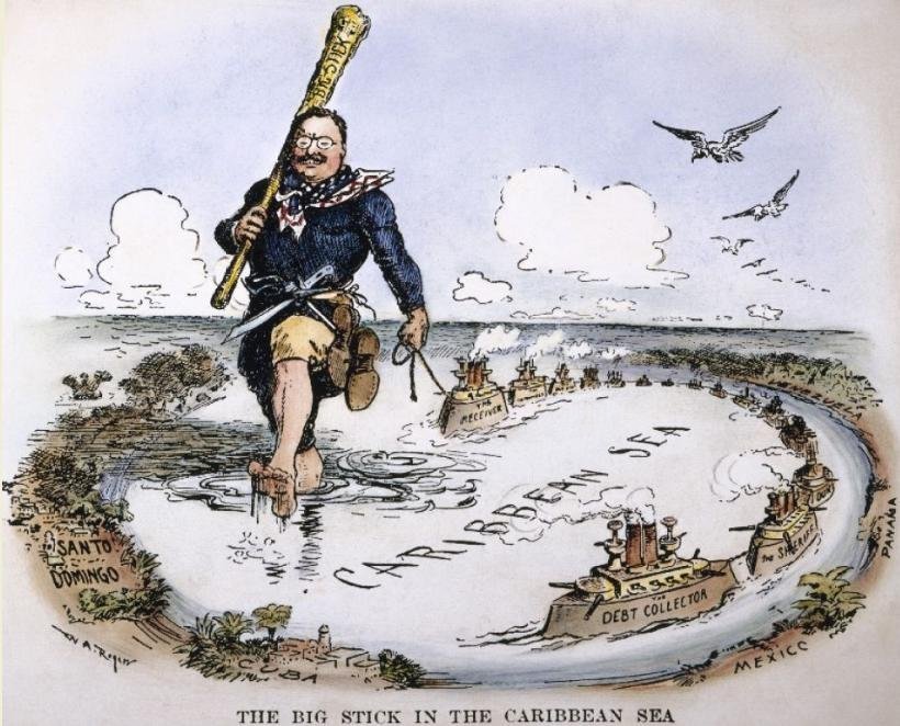 Política del Buen Vecino, Fig. 2 - Theodore Roosevelt y su Gran Garrote en el Caribe, por William Allen Rogers, 1904, StudySmarter.